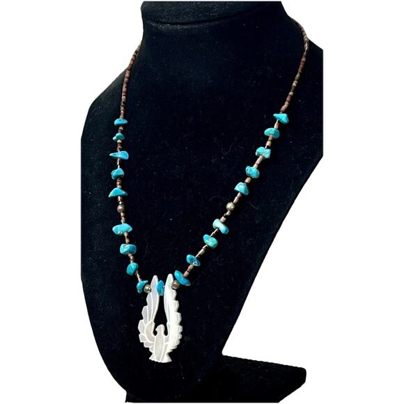 Turquoise Shell & Mother Of Pearl Thunderbird Pendant Nickel Silver Necklace 20” - Picture 2 of 13